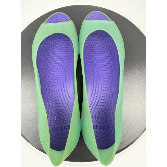 CROCS Carlie Women’s Ballet Slip On Shoes Green Purple Peep Toe Comfort Sz 9 - Picture 8 of 13
